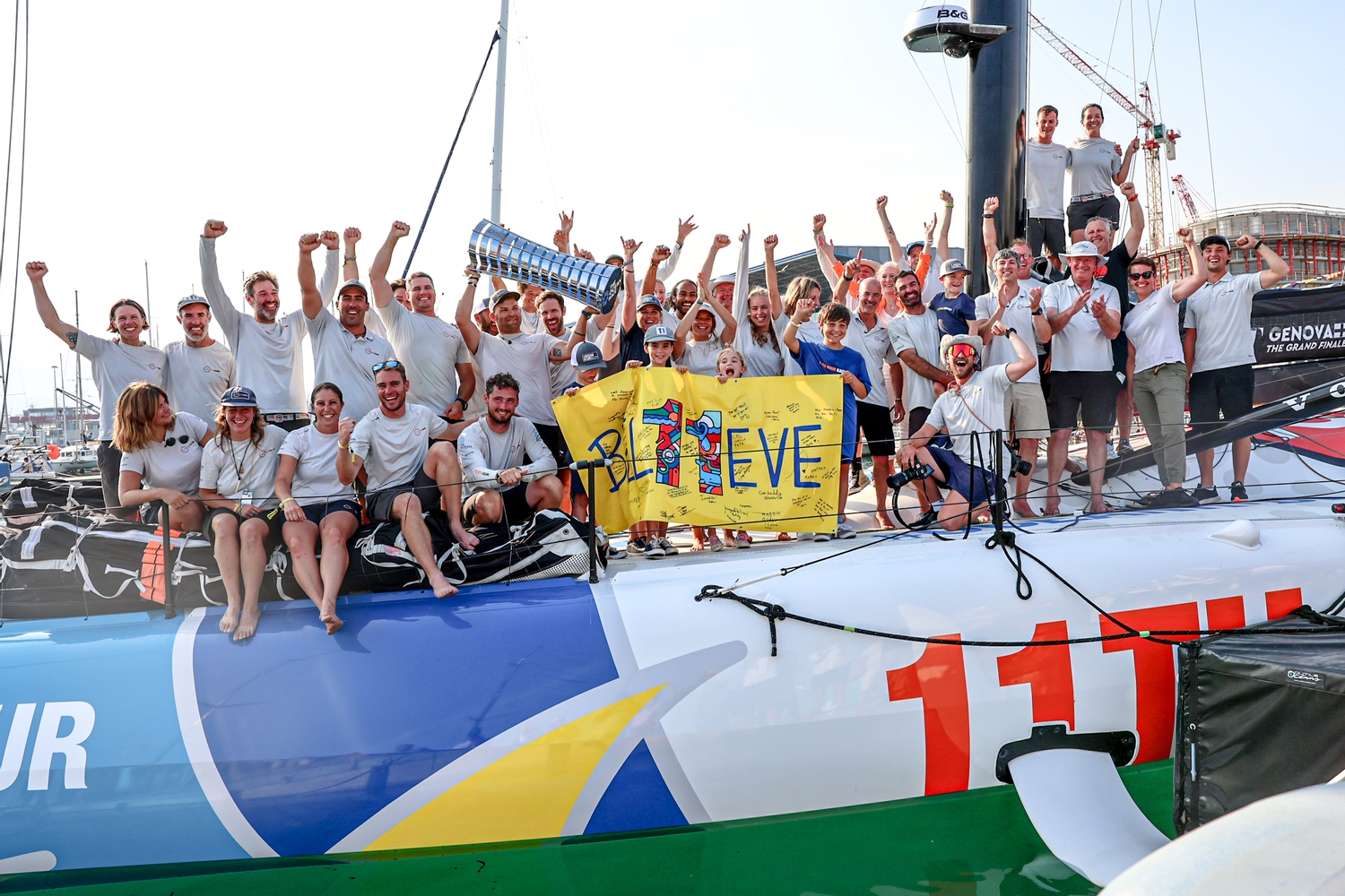 June, 2023, TOR, The Ocean Race, 2022-23, Genova, Genoa, Italy, 11th Hour Racing Team, winners, celebration, stage