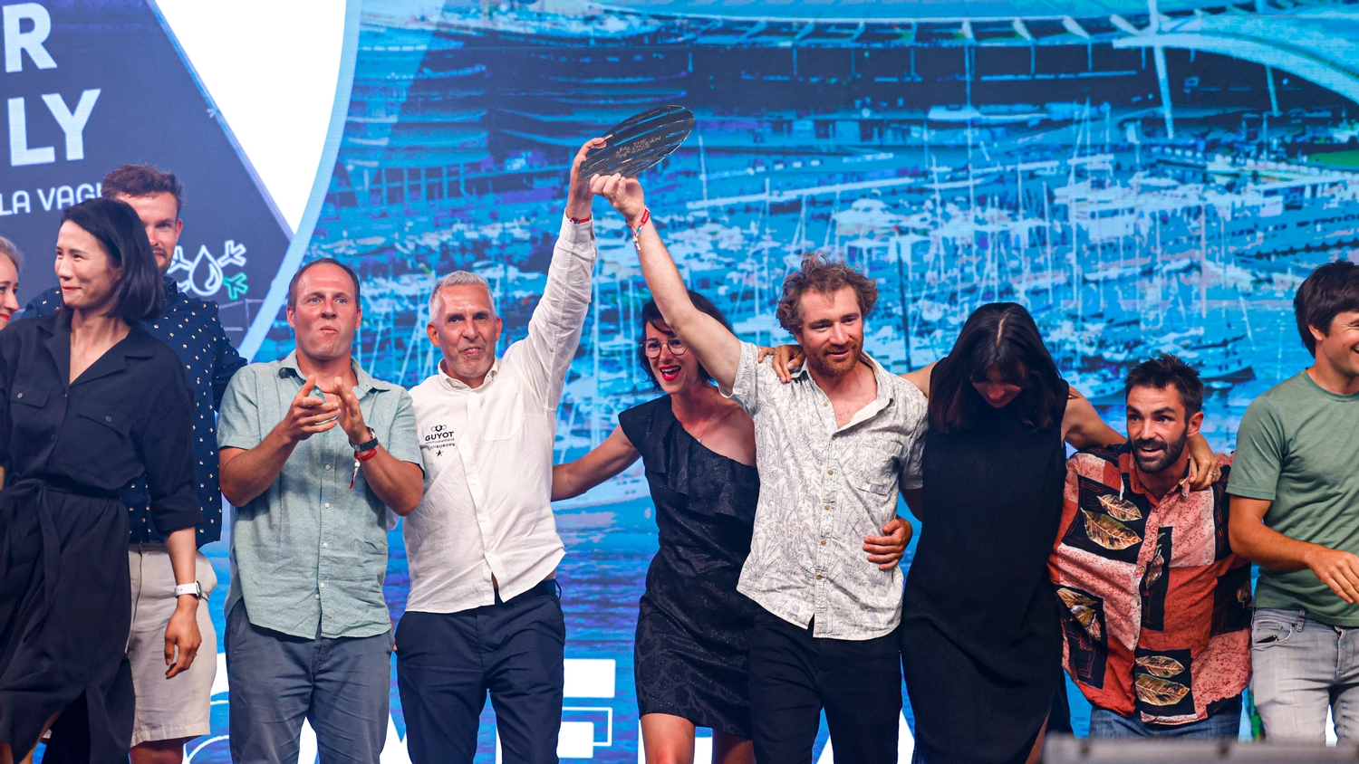 July, 2023, TOR, The Ocean Race, 2022-23, Genova, Genoa, Italy, Awards, Sailors Terrace, GUYOT environnement - Team Europe, IMOCA, crew, Overall 5th Place IMOCA, trophy